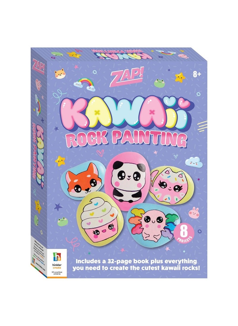 Hinkler طقم رسم الصخور كاواي من هينكلر زاب! - مجموعة فن الصخور افعلها بنفسك تشمل 5 صخور نهرية، 6 ألوان طلاء، فرشاة طلاء، قلم تحديد أسود وكتاب من 32 صفحة، اصنع تصاميم كاواي الرائعة، مجموعة حرفة ممتعة للأطفال، رسم الصخور الملون، هدية لعشاق كاواي - Image 1