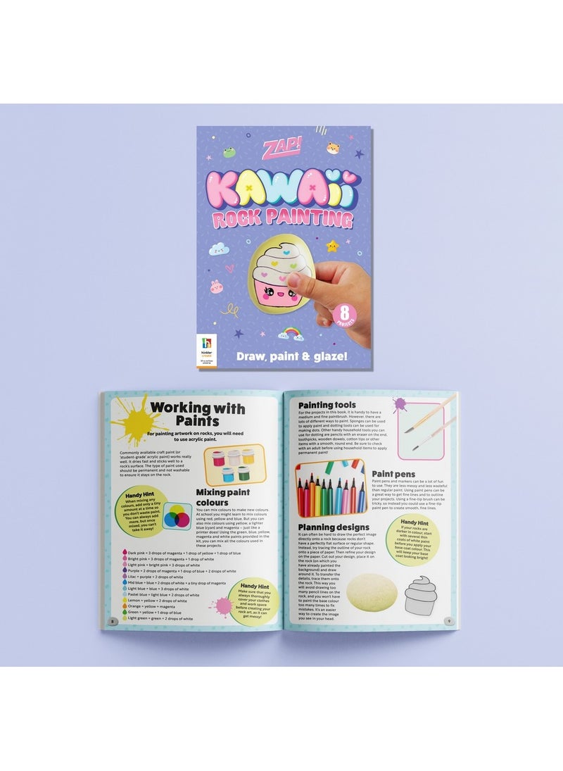 Hinkler طقم رسم الصخور كاواي من هينكلر زاب! - مجموعة فن الصخور افعلها بنفسك تشمل 5 صخور نهرية، 6 ألوان طلاء، فرشاة طلاء، قلم تحديد أسود وكتاب من 32 صفحة، اصنع تصاميم كاواي الرائعة، مجموعة حرفة ممتعة للأطفال، رسم الصخور الملون، هدية لعشاق كاواي - Image 3