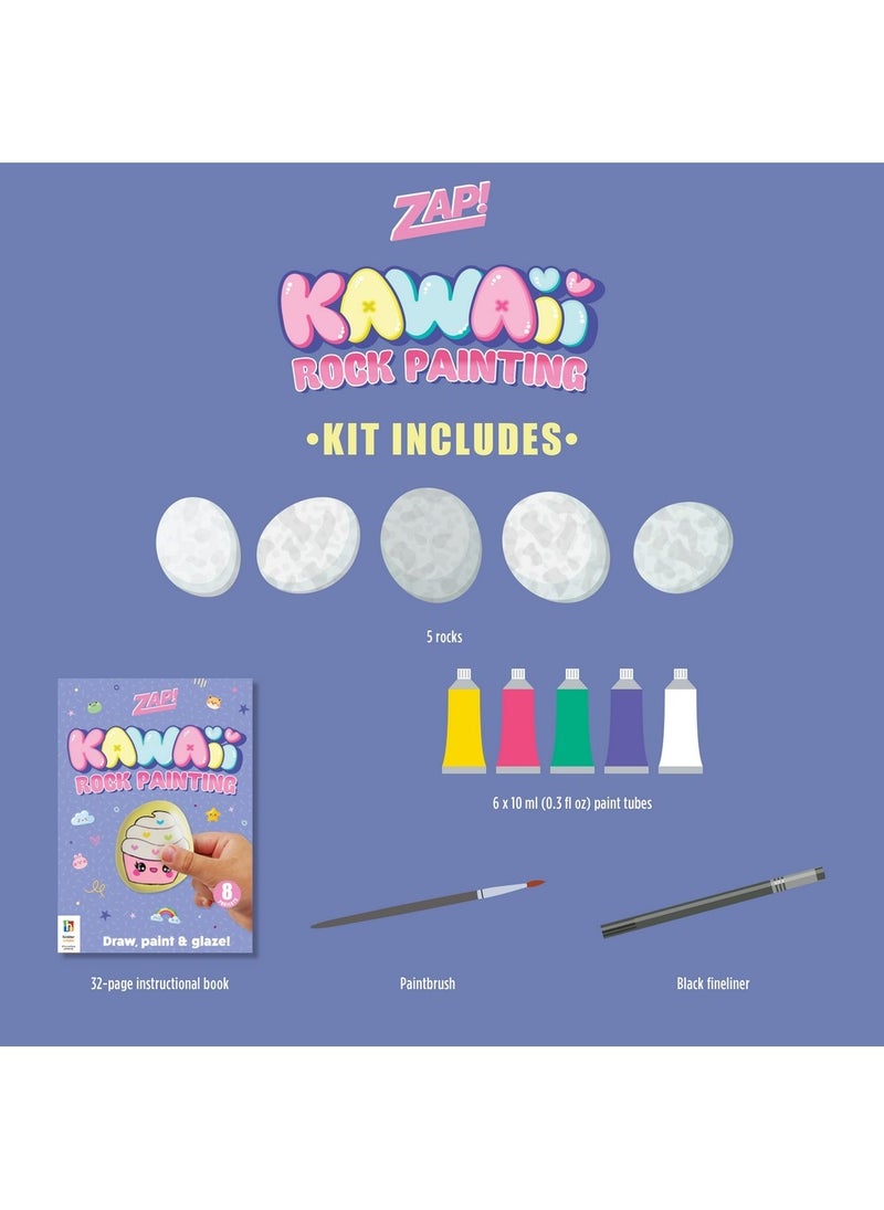 Hinkler طقم رسم الصخور كاواي من هينكلر زاب! - مجموعة فن الصخور افعلها بنفسك تشمل 5 صخور نهرية، 6 ألوان طلاء، فرشاة طلاء، قلم تحديد أسود وكتاب من 32 صفحة، اصنع تصاميم كاواي الرائعة، مجموعة حرفة ممتعة للأطفال، رسم الصخور الملون، هدية لعشاق كاواي - Image 2