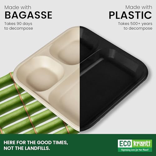 ECO kranti – 3 Compartment Baggase Meal Tray | Pack of 25 | Eco-Friendly, Biodegradable & Compostable | 100% Natural Plant-Based | Long Lasting Plates for Birthday, Wedding, Party & All Events - Image 4