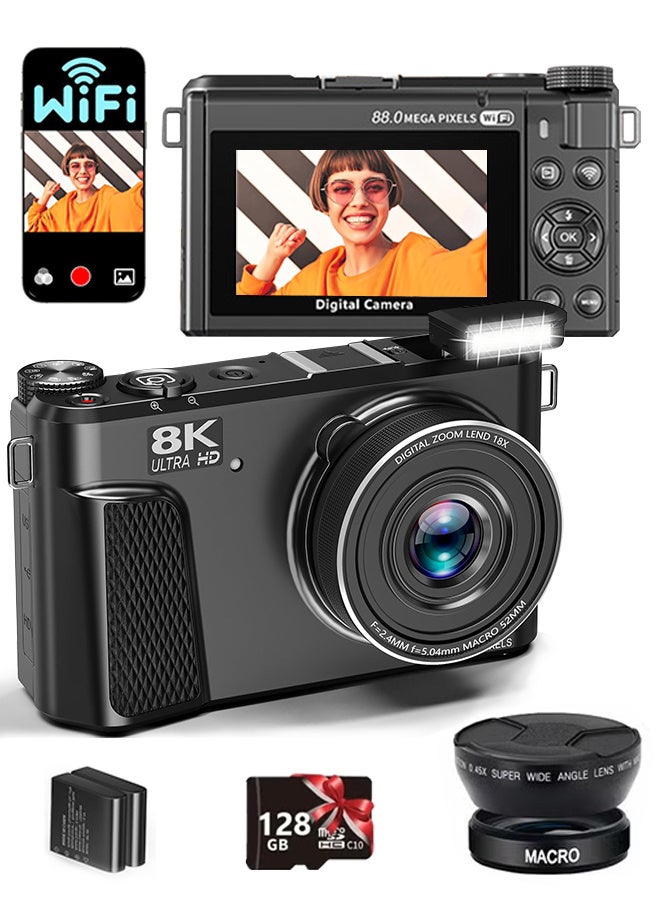 Generic 8K Digital Camera for Photography, 88MP WiFi Vlogging Camera for YouTube with 18X Digital Zoom & 3" 180°Flip Screen, Autofocus Vlog Cameras with Lens Cap, Wide Angle & Macro Lens,128GB Card, 2 Batteries - Image 1