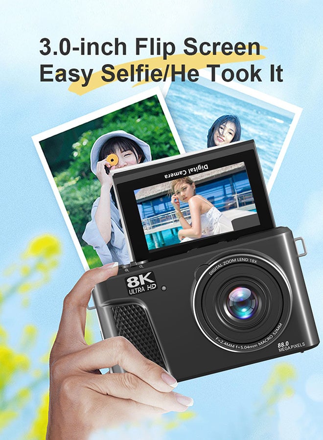 Generic 8K Digital Camera for Photography, 88MP WiFi Vlogging Camera for YouTube with 18X Digital Zoom & 3" 180°Flip Screen, Autofocus Vlog Cameras with Lens Cap, Wide Angle & Macro Lens,128GB Card, 2 Batteries - Image 4