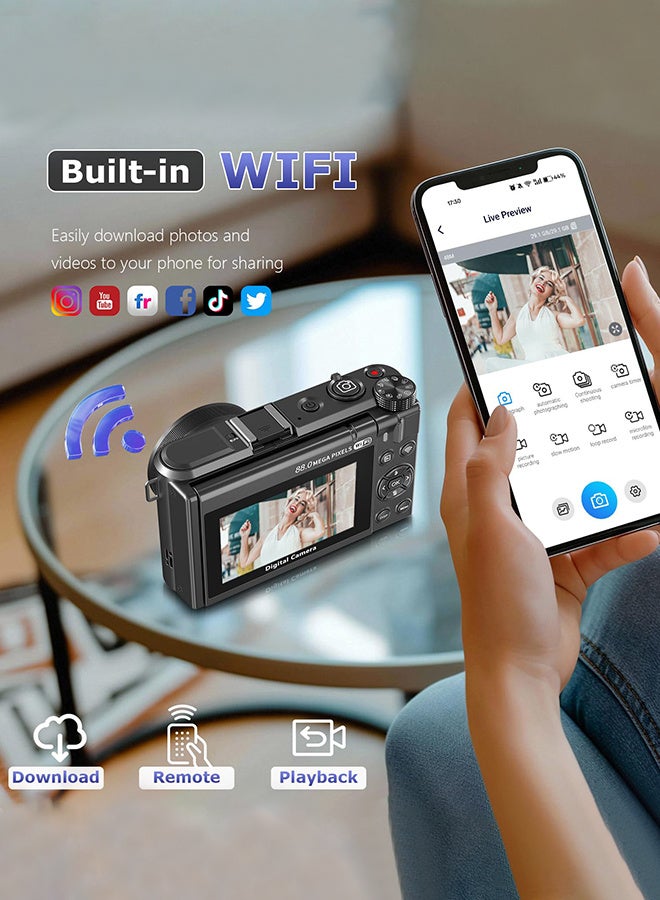 Generic 8K Digital Camera for Photography, 88MP WiFi Vlogging Camera for YouTube with 18X Digital Zoom & 3" 180°Flip Screen, Autofocus Vlog Cameras with Lens Cap, Wide Angle & Macro Lens,128GB Card, 2 Batteries - Image 2