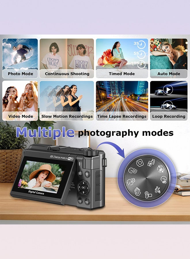 Generic 8K Digital Camera for Photography, 88MP WiFi Vlogging Camera for YouTube with 18X Digital Zoom & 3" 180°Flip Screen, Autofocus Vlog Cameras with Lens Cap, Wide Angle & Macro Lens,128GB Card, 2 Batteries - Image 3