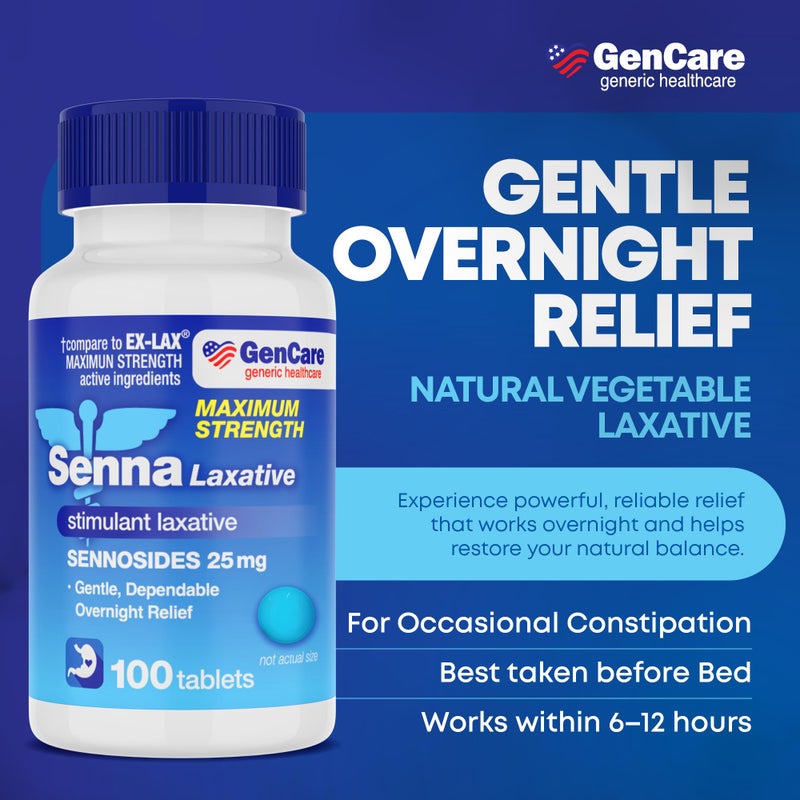 GenCare جين كير - ملين قوي بسعة 25 ملغ (100 قرص) - تخفيف لطيف للإمساك - سينيوديدات USP ملينات منشطة - حبوب هضم - تخفيف طبيعي أثناء النوم - جينيريك إكس لاكس - Image 2