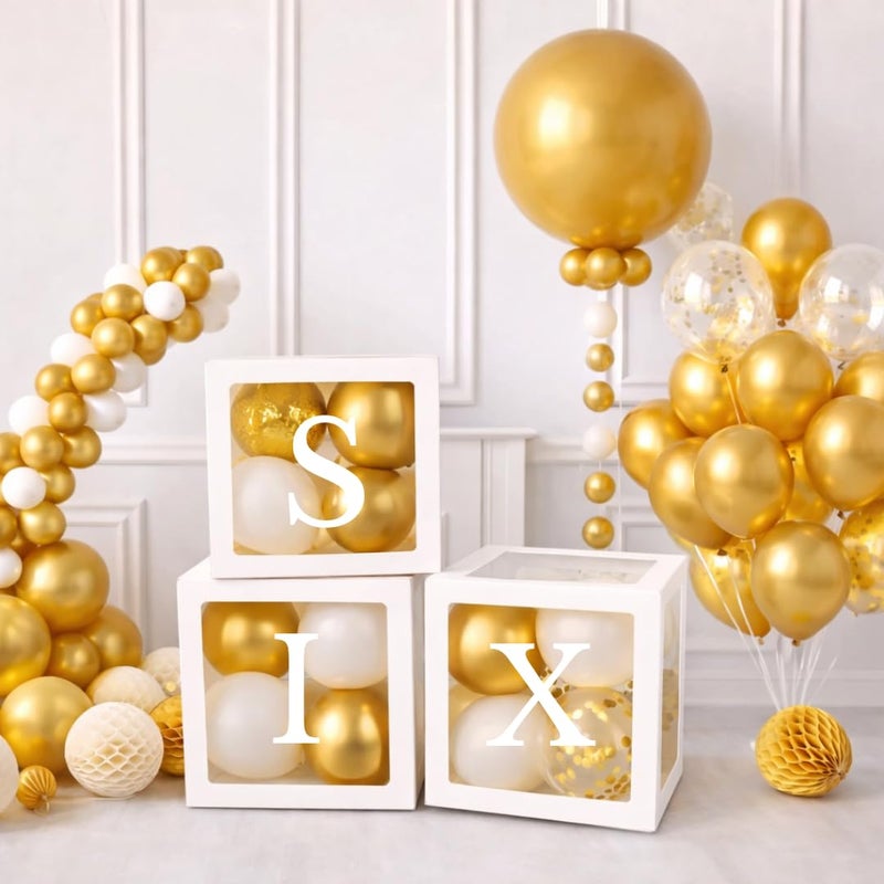 Festi Duck SIX Boxes for 6th Birthday for 6 Year Old Party - Boy/Girl Sixth Birthday Decorations, White Transparent SIX Balloon Boxes – 6th Birthday & Sixth Anniversary (Gold & White) - Image 5