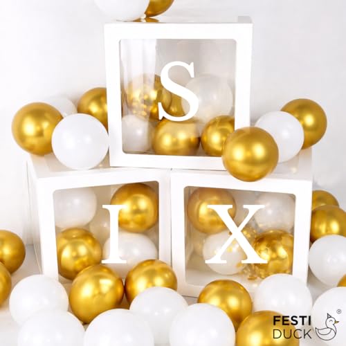 Festi Duck SIX Boxes for 6th Birthday for 6 Year Old Party - Boy/Girl Sixth Birthday Decorations, White Transparent SIX Balloon Boxes – 6th Birthday & Sixth Anniversary (Gold & White) - Image 3