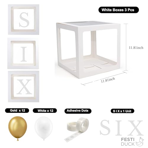 Festi Duck SIX Boxes for 6th Birthday for 6 Year Old Party - Boy/Girl Sixth Birthday Decorations, White Transparent SIX Balloon Boxes – 6th Birthday & Sixth Anniversary (Gold & White) - Image 2
