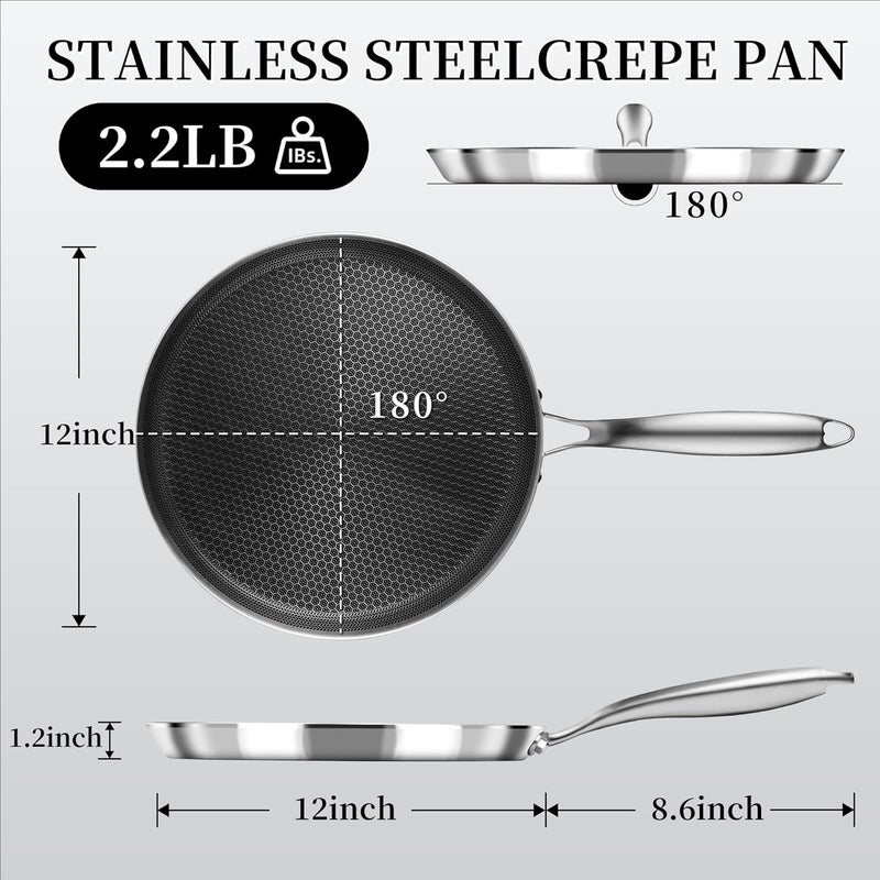 Innerwell Nonstick Crepe Pan 12 inch Stainless Steel Crepe Pan Honeycomb Coating Flat Skillet Tawa Dosa Tortilla Pan,Omelet Pan with All Stove Tops Available, Induction Compatible - Image 2
