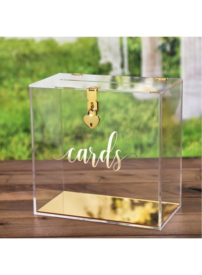 UNIQOOO UNIQOOO Clear Acrylic Card Box w/Lock, Thick Wedding Box w/Slot Gold Foil Print, Large 10x10x5.5 in, for Reception Decoration Fundraiser Money Box Election Ballot Graduation Keepsake Party Favor  - Image 1