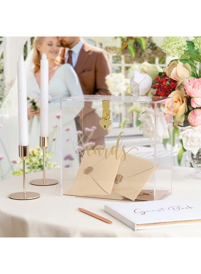 UNIQOOO UNIQOOO Clear Acrylic Card Box w/Lock, Thick Wedding Box w/Slot Gold Foil Print, Large 10x10x5.5 in, for Reception Decoration Fundraiser Money Box Election Ballot Graduation Keepsake Party Favor  - Image 5