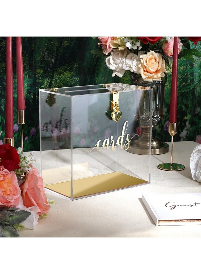 UNIQOOO UNIQOOO Clear Acrylic Card Box w/Lock, Thick Wedding Box w/Slot Gold Foil Print, Large 10x10x5.5 in, for Reception Decoration Fundraiser Money Box Election Ballot Graduation Keepsake Party Favor  - Image 2