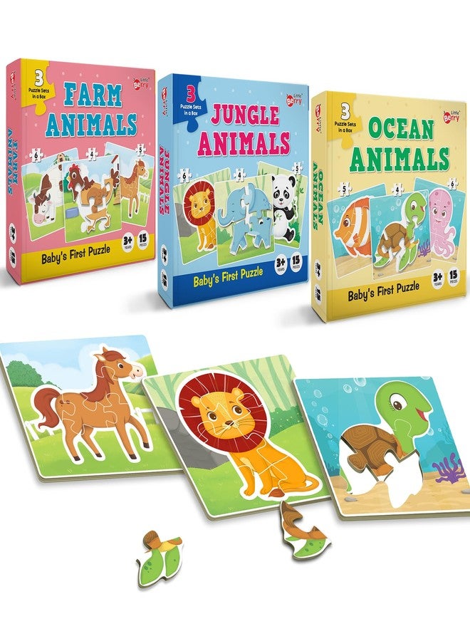 Little Berry Baby First Puzzle Game: Jungle, Farm & Ocean Animals | Set of 3 Cardboard Puzzles with 15pcs Each | Montessori Educational Toys for 2 3 4 Year Old Boys & Girls | Early Puzzle Set for Kids - Image 1