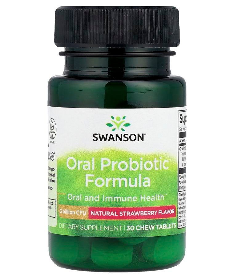 SWANSON تركيبة بروبيوتيك فموية بنكهة الفراولة الطبيعية 3 مليار وحدة تشكيلية 30 قرص مضغ