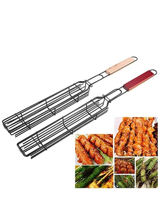 FYCAN FYCAN BBQ Barbecue Single NonStick Kebab Grill Basket Wooden Handle Portable Stainless Steel Mesh Pan Roast Grilling Cooking Fish Chicken Vegetables Steak Shrimp Chops Other Food 1pcs  - Image 3