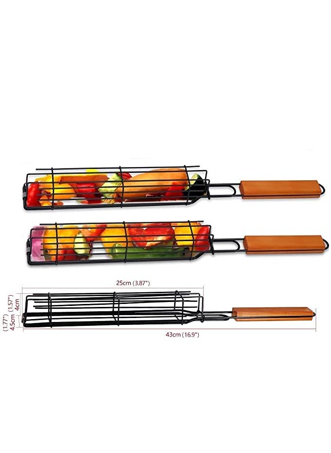 FYCAN FYCAN BBQ Barbecue Single NonStick Kebab Grill Basket Wooden Handle Portable Stainless Steel Mesh Pan Roast Grilling Cooking Fish Chicken Vegetables Steak Shrimp Chops Other Food 1pcs  - Image 2