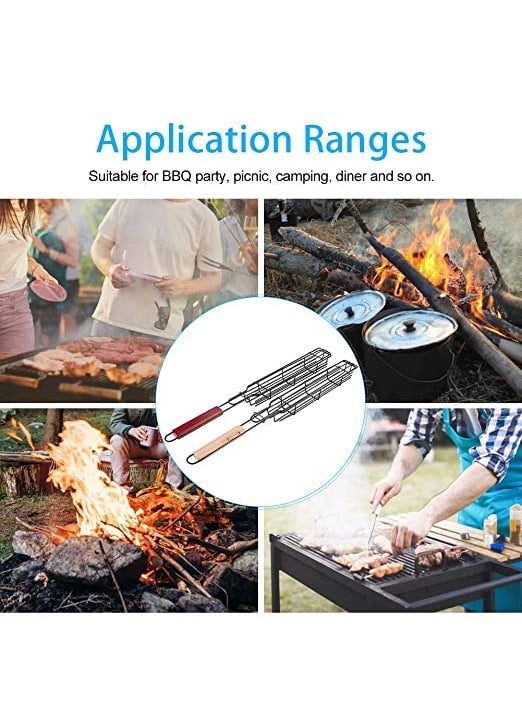 FYCAN FYCAN BBQ Barbecue Single NonStick Kebab Grill Basket Wooden Handle Portable Stainless Steel Mesh Pan Roast Grilling Cooking Fish Chicken Vegetables Steak Shrimp Chops Other Food 1pcs  - Image 4