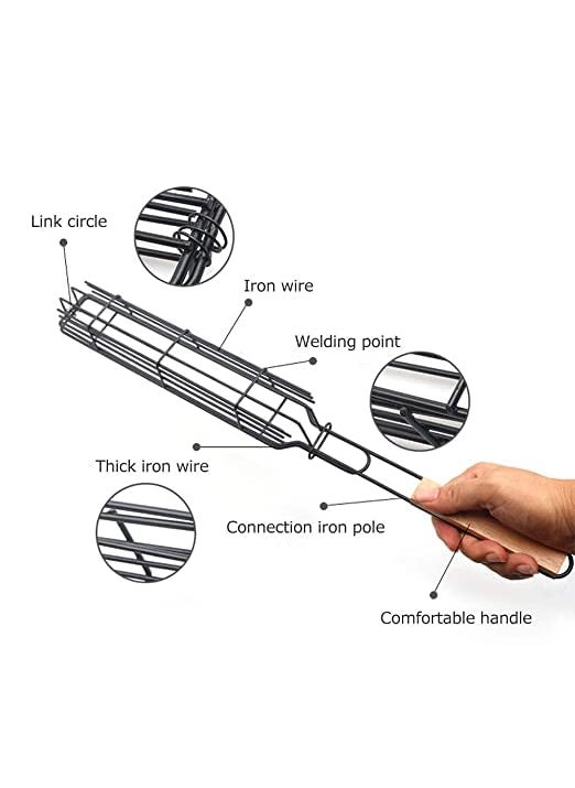 FYCAN FYCAN BBQ Barbecue Single NonStick Kebab Grill Basket Wooden Handle Portable Stainless Steel Mesh Pan Roast Grilling Cooking Fish Chicken Vegetables Steak Shrimp Chops Other Food 1pcs  - Image 5