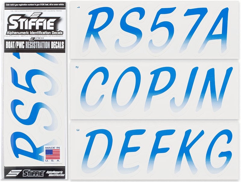 Stiffie Whipline Blue/White 3" Boat & PWC Registration Decals • Numbers Letters Stickers - Image 1