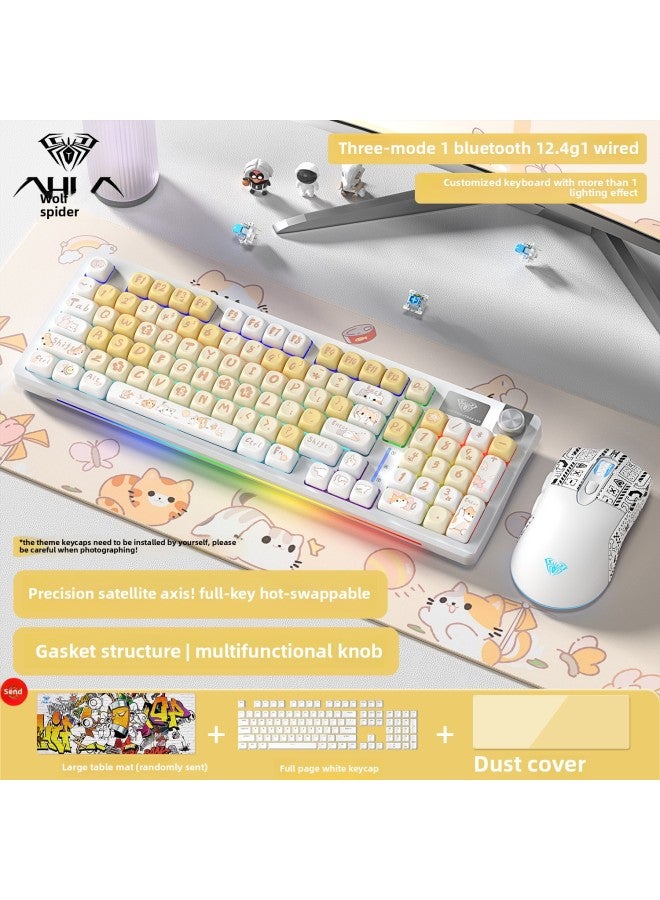 S98 Wireless Mechanical Keyboard Customized Three-mode E-sports Game Keyboard And Mouse Suit Hot Plug Office Dedicated-Color:Blue Axis-flower Season Meow [keyboard And Mouse Set] Comes With: Desk Mat + Dust Cover + Full-page White Keycaps - Yes - 96 Keys  - Image 1