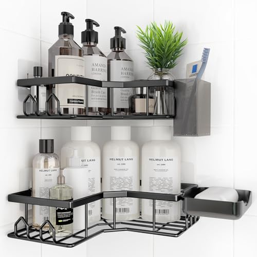 QHMCHLDZ Adhesive Shower Caddy, 4 Pack Corner Bath Organizer, Rustproof Stainless Steel Shower Shelves with Large Capacity, No Drilling Shelves for Bathroom Storage, Home, Kitchen Décor - Image 1
