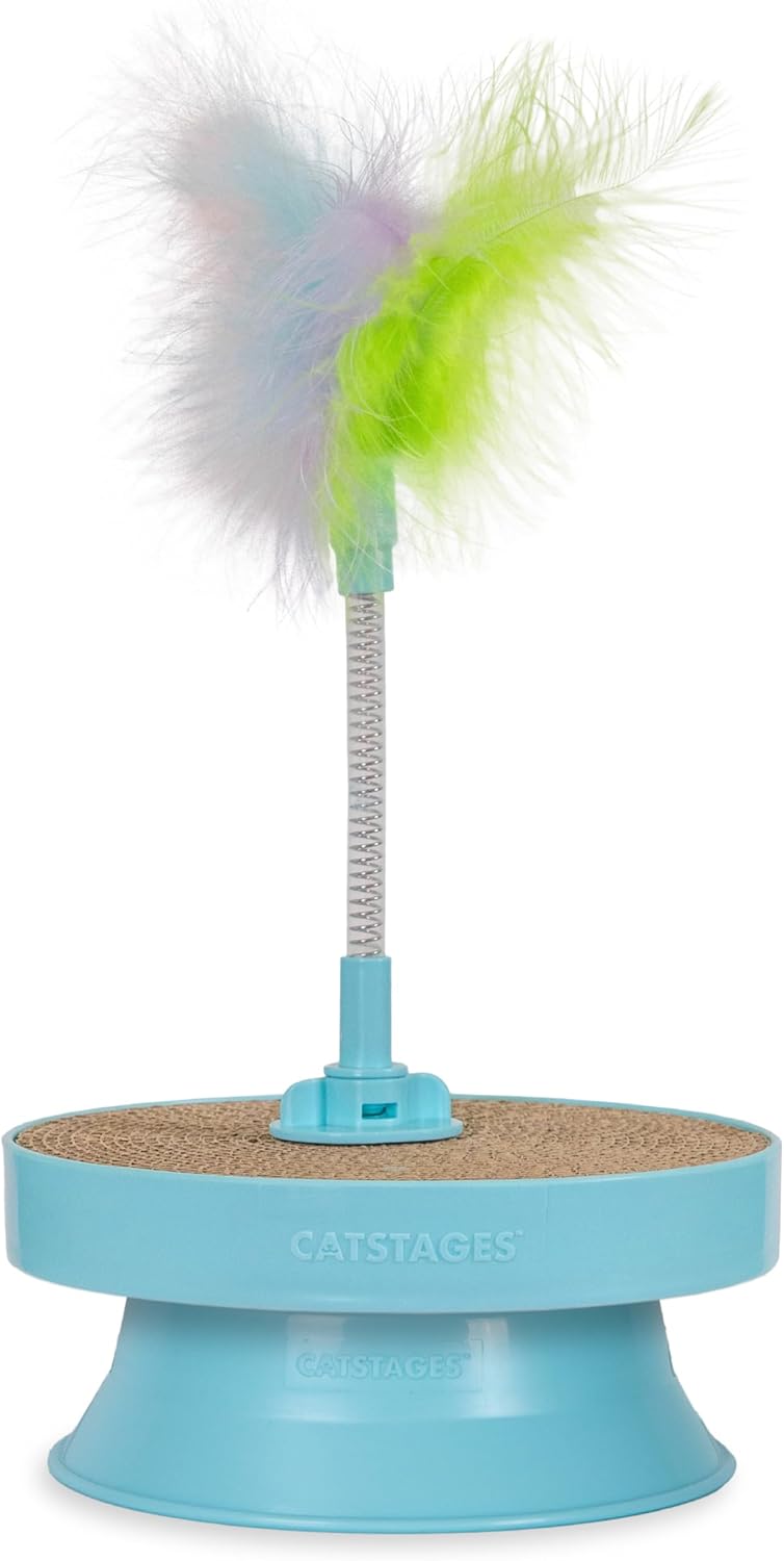 Catstages 2-in-1 Spring Toy Interactive Cat Toy and Topper for Cat Ball Track with Removable Feather Spring Toy and Corrugated Cat Scratcher, Blue - Image 1