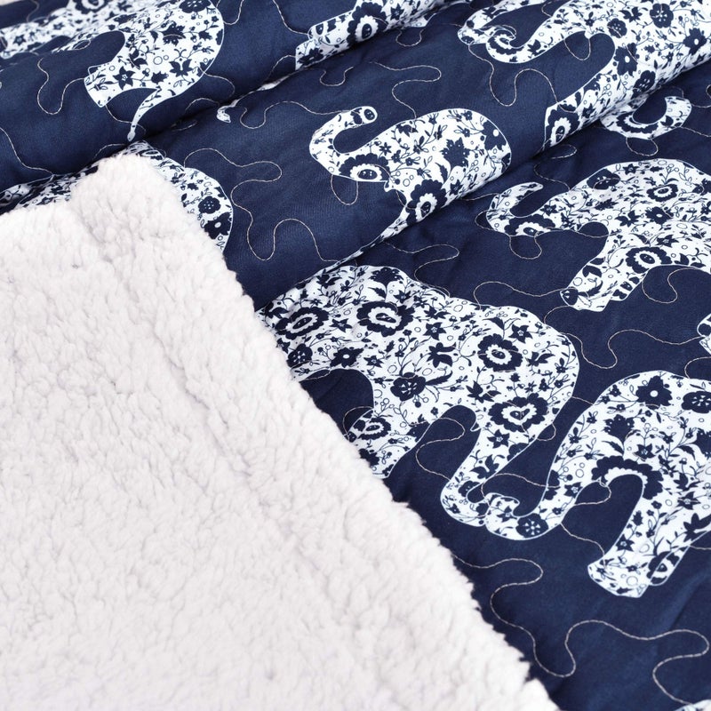 Lush Decor Lush Decor Navy Elephant Parade Throw Fuzzy Reversible Sherpa Blanket 60  x 50 White  - Image 3