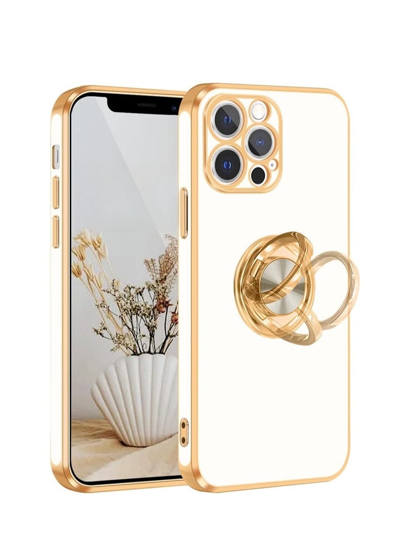 WRISTWISE Case Cover for iPhone 12 Pro with Stand Ring Holder,360° Rotatable Magnetic Kickstand Shiny Plating Gold Edge Slim Soft TPU Shockproof Protective Case for Women Men,White - Image 1