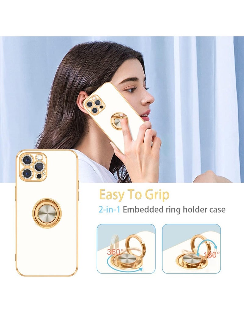 WRISTWISE Case Cover for iPhone 12 Pro with Stand Ring Holder,360° Rotatable Magnetic Kickstand Shiny Plating Gold Edge Slim Soft TPU Shockproof Protective Case for Women Men,White - Image 2