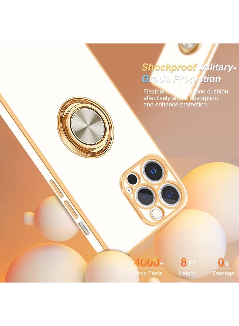 WRISTWISE Case Cover for iPhone 12 Pro with Stand Ring Holder,360° Rotatable Magnetic Kickstand Shiny Plating Gold Edge Slim Soft TPU Shockproof Protective Case for Women Men,White - Image 3