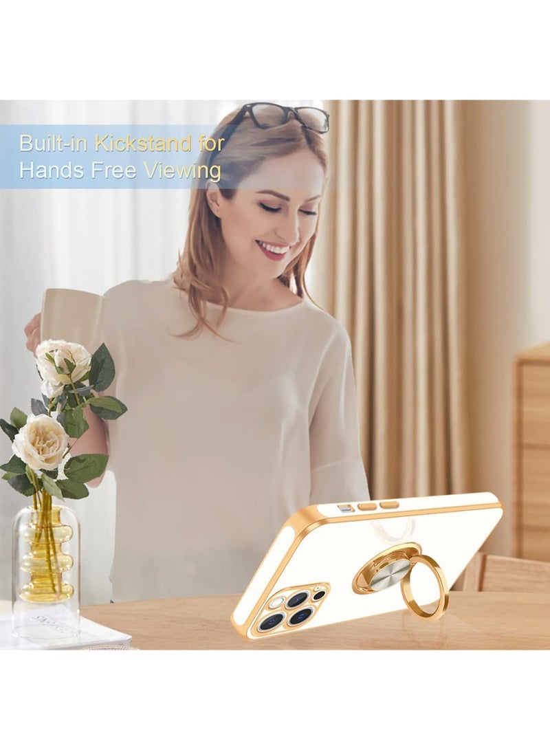 WRISTWISE Case Cover for iPhone 12 Pro with Stand Ring Holder,360° Rotatable Magnetic Kickstand Shiny Plating Gold Edge Slim Soft TPU Shockproof Protective Case for Women Men,White - Image 4