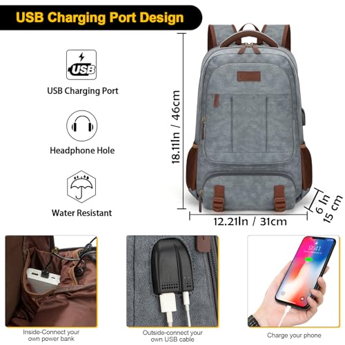 Tzowla Canvas Laptop Backpack, Bag for Men Women,Travel Work Rucksack Fits 15.6 Inch Laptop, Bookbag with USB Charging Port - Image 2