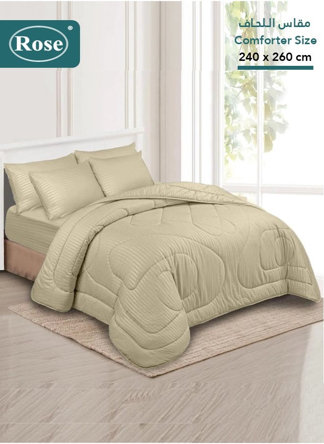 Rose ROSE Luxurious Striped Hotel Comforter, Premium Microfiber, Set of 6 pieces, Soft Lightweight, King size 260x240 cm, Beige  - Image 1