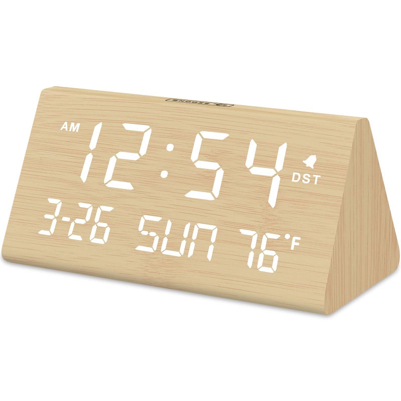 DreamSky Digital Alarm Clocks for Bedrooms Wooden Desk Clock with Date Day of Week USB Port Temperature Dimmer for Bedside Table Living Room Office Adjustable Volume Auto DST Wood Decor