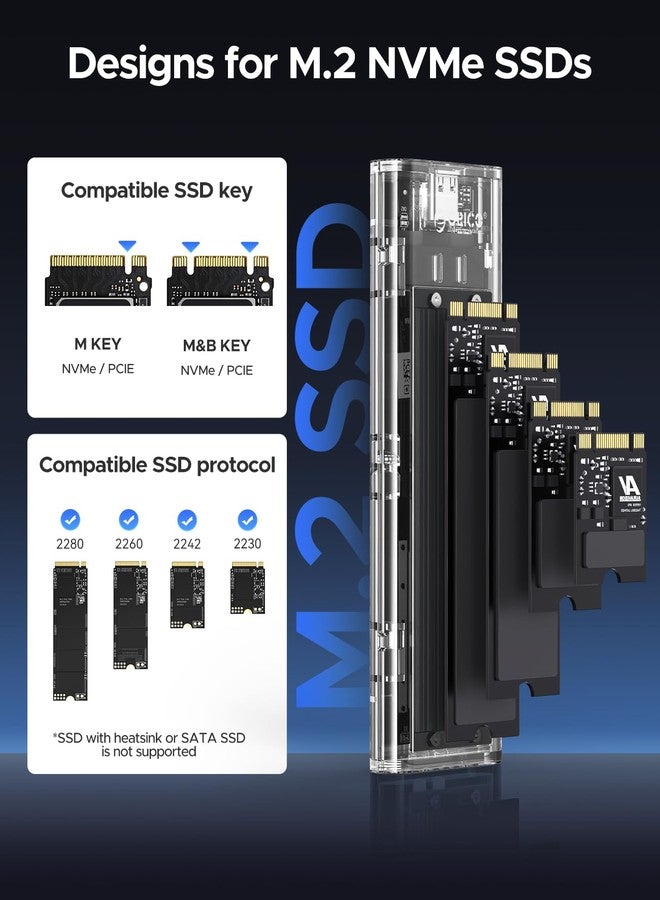 ORICO M.2 NVMe SSD Enclosure, USB 3.2 Gen 2 (10 Gbps), Transparent External Solid State Drive Adapter Enclosure for 2280 2260 2242 2230 PCI-E M2 M-Key SSD, USB Type C Converter Case-TCM2 Black - Image 3