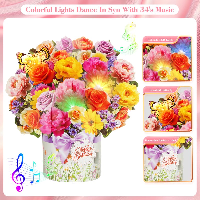 XTF2015 Birthday Cards with MUSIC & LIGHTS, Happy Birthday Card, Peony & Butterfly, 13 Inch Life Sized Forever Flower Bouquet 3D Pop Up Music Cards for Mom Daughter Women Wife - Image 3