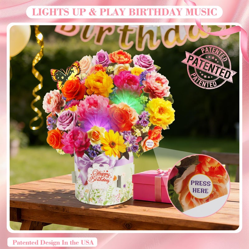 XTF2015 Birthday Cards with MUSIC & LIGHTS, Happy Birthday Card, Peony & Butterfly, 13 Inch Life Sized Forever Flower Bouquet 3D Pop Up Music Cards for Mom Daughter Women Wife - Image 2