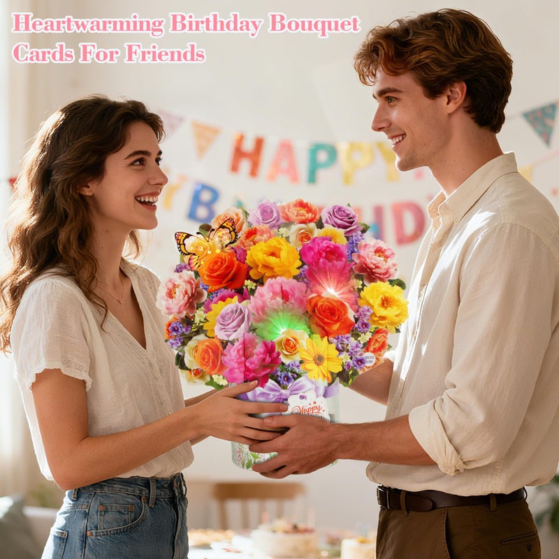 XTF2015 Birthday Cards with MUSIC & LIGHTS, Happy Birthday Card, Peony & Butterfly, 13 Inch Life Sized Forever Flower Bouquet 3D Pop Up Music Cards for Mom Daughter Women Wife - Image 4