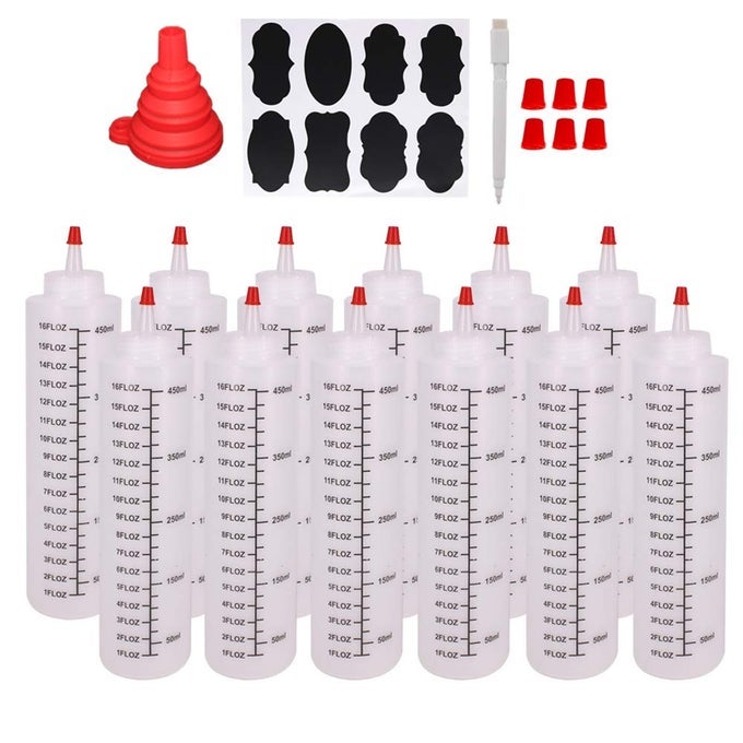12 PACK 16OUNCE PLASTIC SQUEEZE BOTTLES WITH RED CAP FOR FOOD CRAFTS ART MULTI PURPOSE SET OF 12 WITH EXTRA 16 CHALK LABELS 6 RED CAP AND 1 PEN