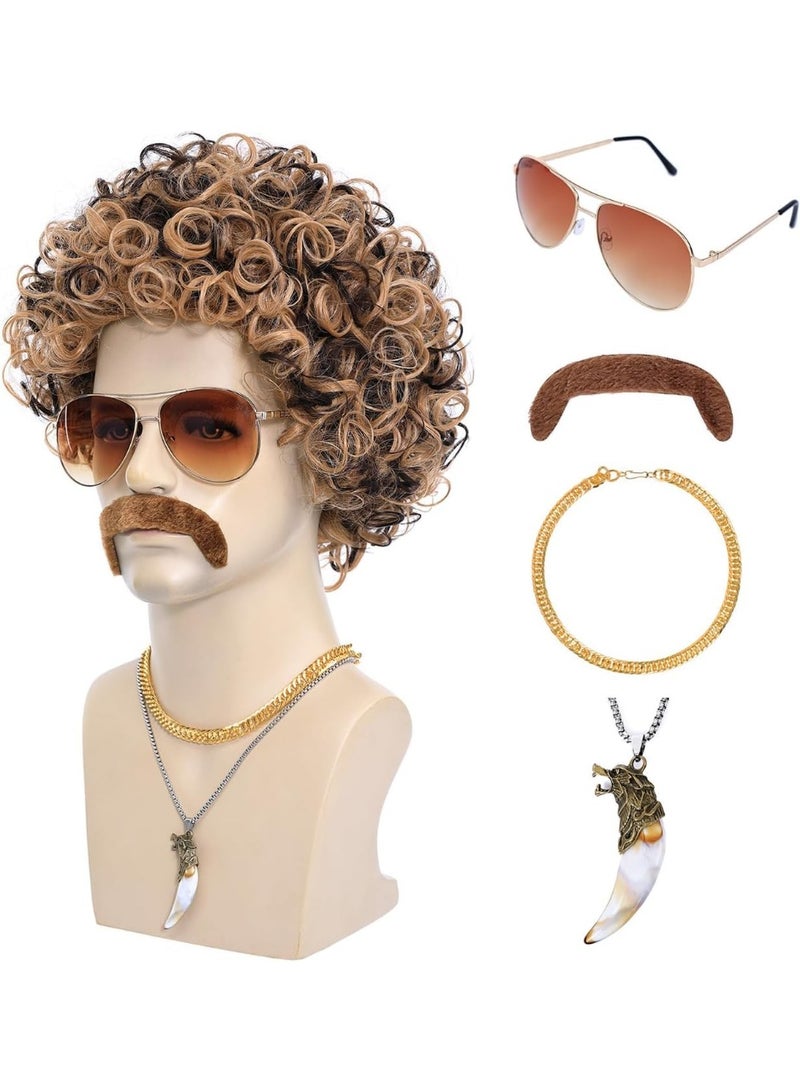 5pcs مجموعة 70s 80s ديسكو الباروكا مع الشارب نظارات شمسية قلادة سلسلة ذهبية قصيرة ملفوفة الشعر الاصطناعي أفرو الرجال الباروكا لستينيات روكر الهيبي زي كوسبلاي حفلة هالوين (لون مختلط) - Image 2