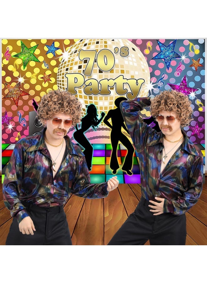 5pcs مجموعة 70s 80s ديسكو الباروكا مع الشارب نظارات شمسية قلادة سلسلة ذهبية قصيرة ملفوفة الشعر الاصطناعي أفرو الرجال الباروكا لستينيات روكر الهيبي زي كوسبلاي حفلة هالوين (لون مختلط) - Image 4