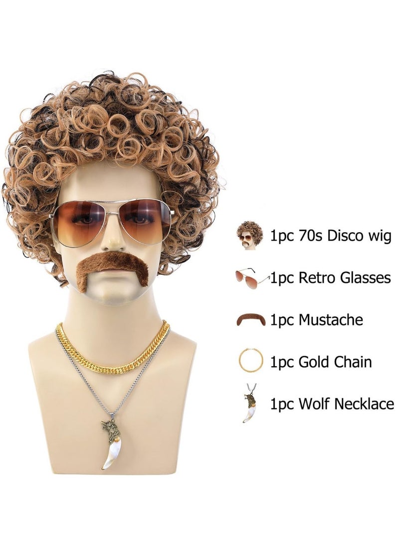 5pcs مجموعة 70s 80s ديسكو الباروكا مع الشارب نظارات شمسية قلادة سلسلة ذهبية قصيرة ملفوفة الشعر الاصطناعي أفرو الرجال الباروكا لستينيات روكر الهيبي زي كوسبلاي حفلة هالوين (لون مختلط) - Image 5