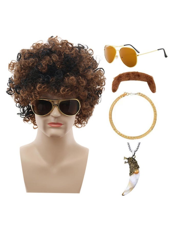 5pcs مجموعة 70s 80s ديسكو الباروكا مع الشارب نظارات شمسية قلادة سلسلة ذهبية قصيرة ملفوفة الشعر الاصطناعي أفرو الرجال الباروكا لستينيات روكر الهيبي زي كوسبلاي حفلة هالوين (لون مختلط) - Image 1