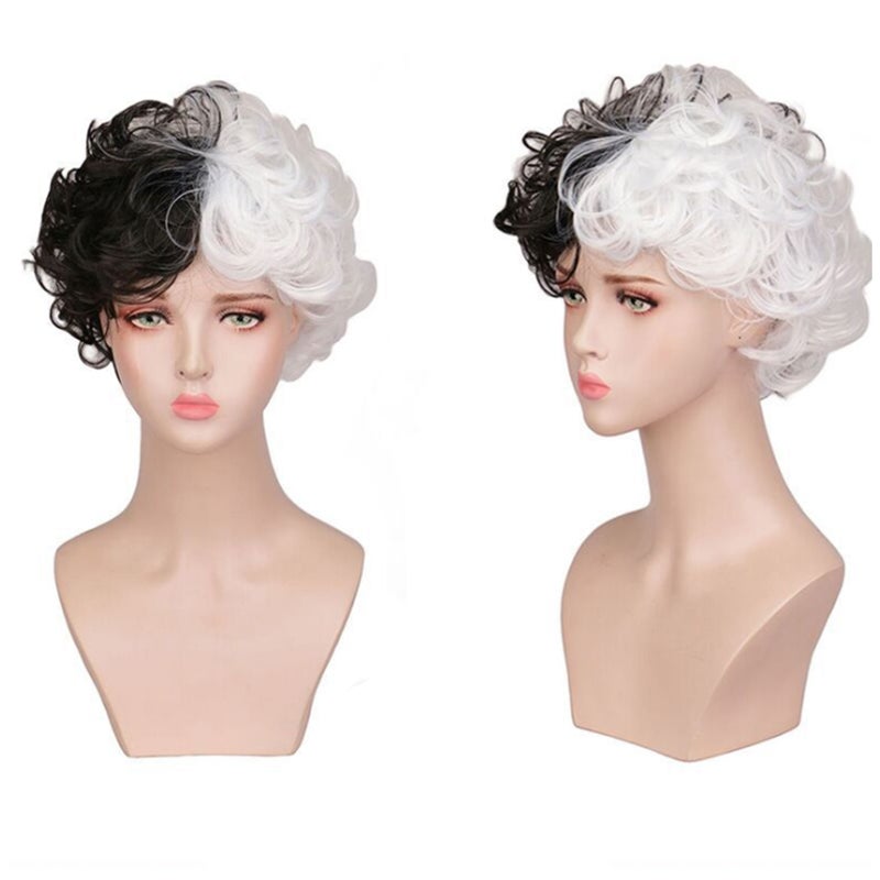 Black and White Wig Short Wavy Synthetic Wigs Women's Curly Hair for Halloween Magic Show Cosplay - Image 3