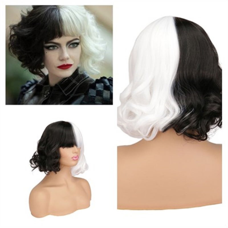 Black and White Wig Short Wavy Synthetic Wigs Women's Curly Hair for Halloween Magic Show Cosplay - Image 5