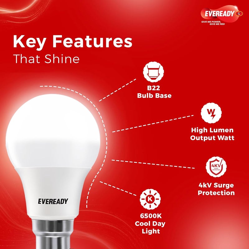 Eveready 9W LED Bulb, Cool Day Light (6500K), B22 Base, Energy-Efficient, 4kV Surge Protection, Long-Lasting Durability - Pack of 4 - Image 4