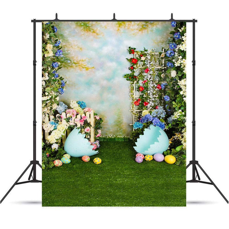 Qian 5x7ft Spring Easter Backdrops for Photography Rabbit Colorful Eggs Flower Wooden Wall Grass Backdrop Baby Shower Photo Background Kids Newborn Birthday Party Banner Decorations Studio Booth Props - Image 3