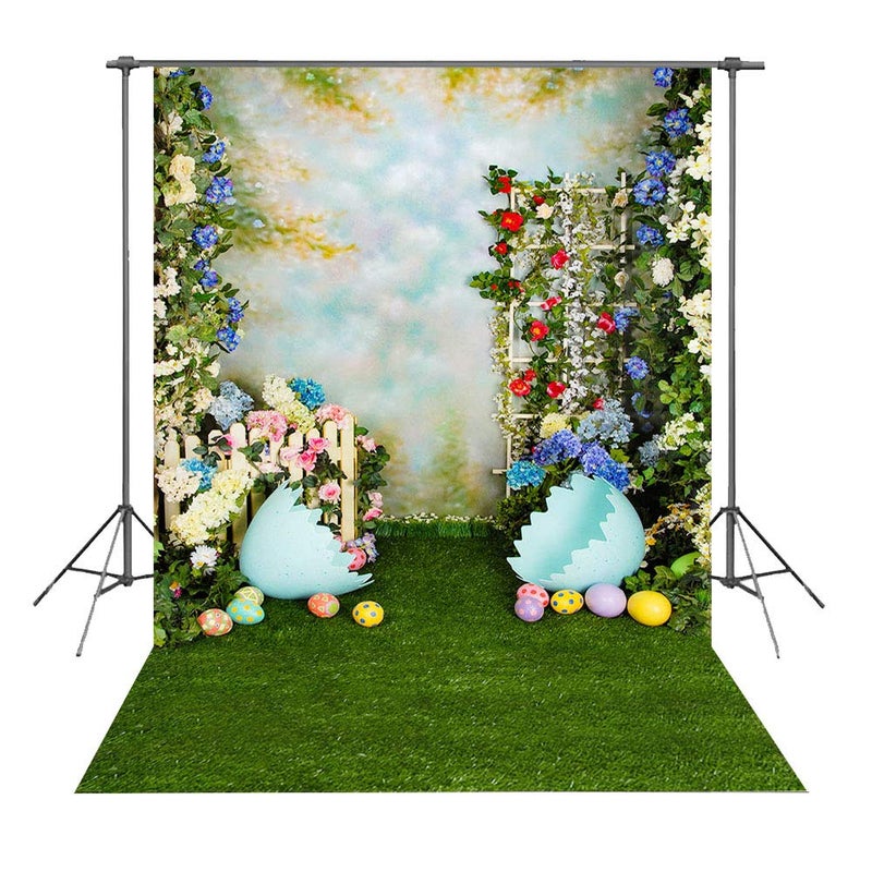 Qian 5x7ft Spring Easter Backdrops for Photography Rabbit Colorful Eggs Flower Wooden Wall Grass Backdrop Baby Shower Photo Background Kids Newborn Birthday Party Banner Decorations Studio Booth Props - Image 2