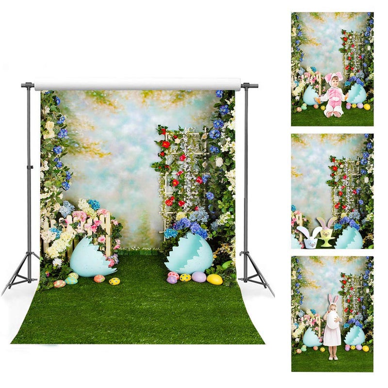 Qian 5x7ft Spring Easter Backdrops for Photography Rabbit Colorful Eggs Flower Wooden Wall Grass Backdrop Baby Shower Photo Background Kids Newborn Birthday Party Banner Decorations Studio Booth Props - Image 1