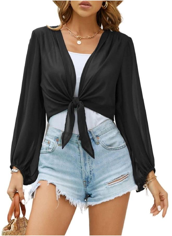 Kate Kasin - Kate Kasin Ladies Shrug Tie Front Long Balloon Sleeve Summer Lightweight Sheer Cropped Bolero Jackets Black XL - Image 1